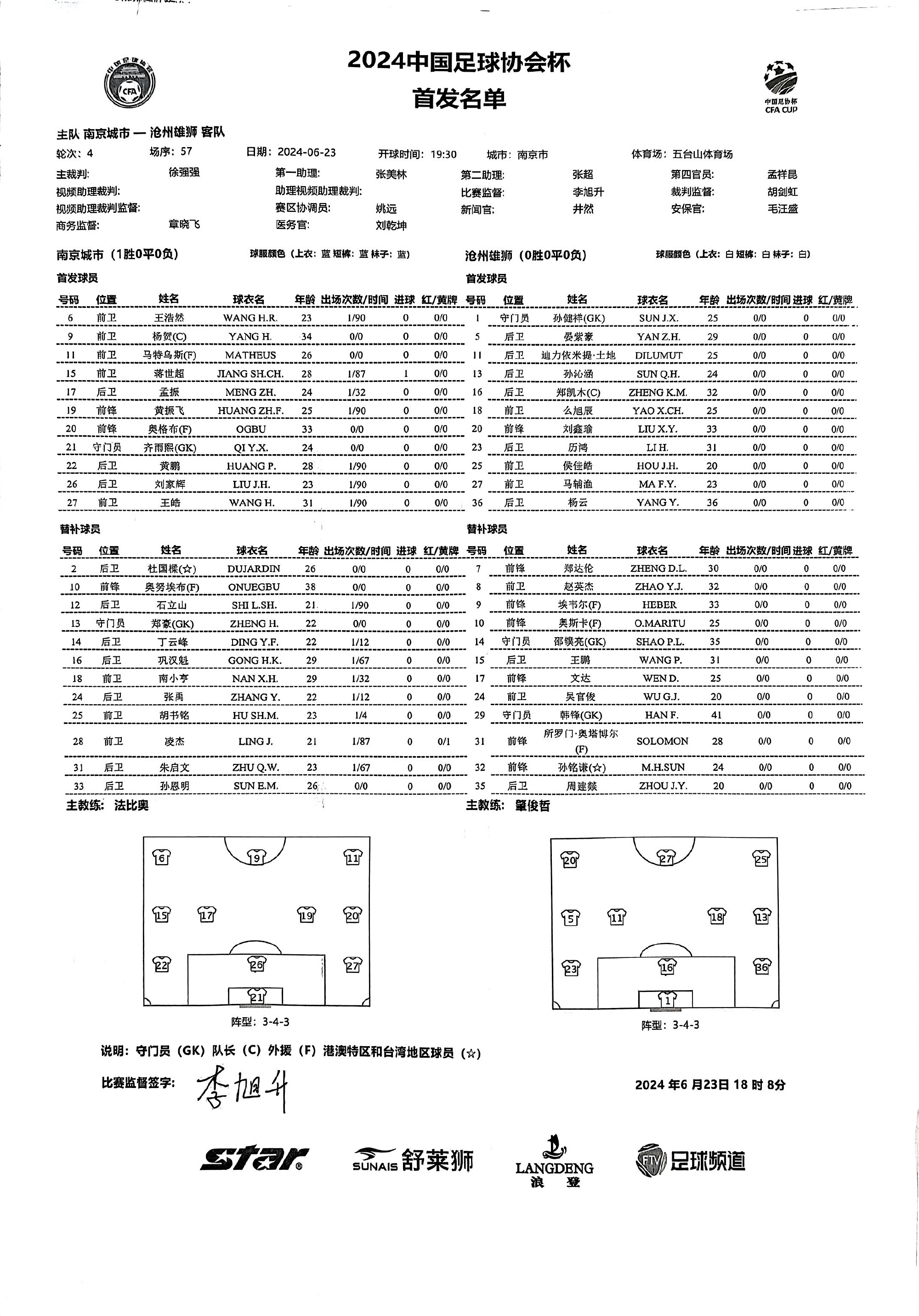 足协杯-南京vs沧州首发：双外援PK全华班，郑凯木先发