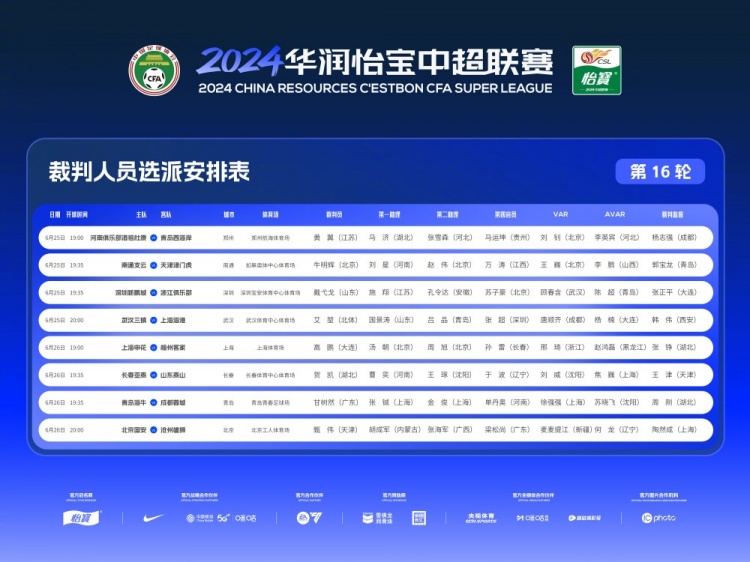 中超第16轮裁判：艾堃执法三镇vs海港 麦麦提江任国安vs沧州VAR